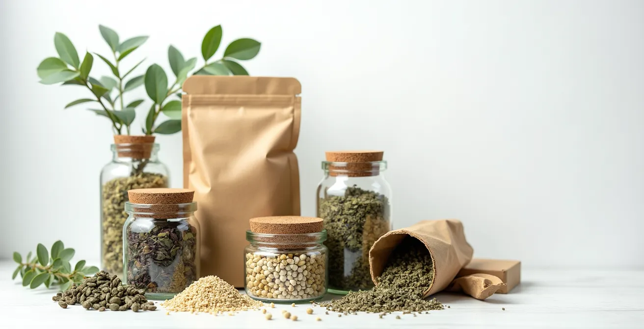 Image éditoriale d'une herboristerie en ligne, avec plantes médicinales soigneusement présentées, ambiance naturelle et lumière douce, sans texte ni logos