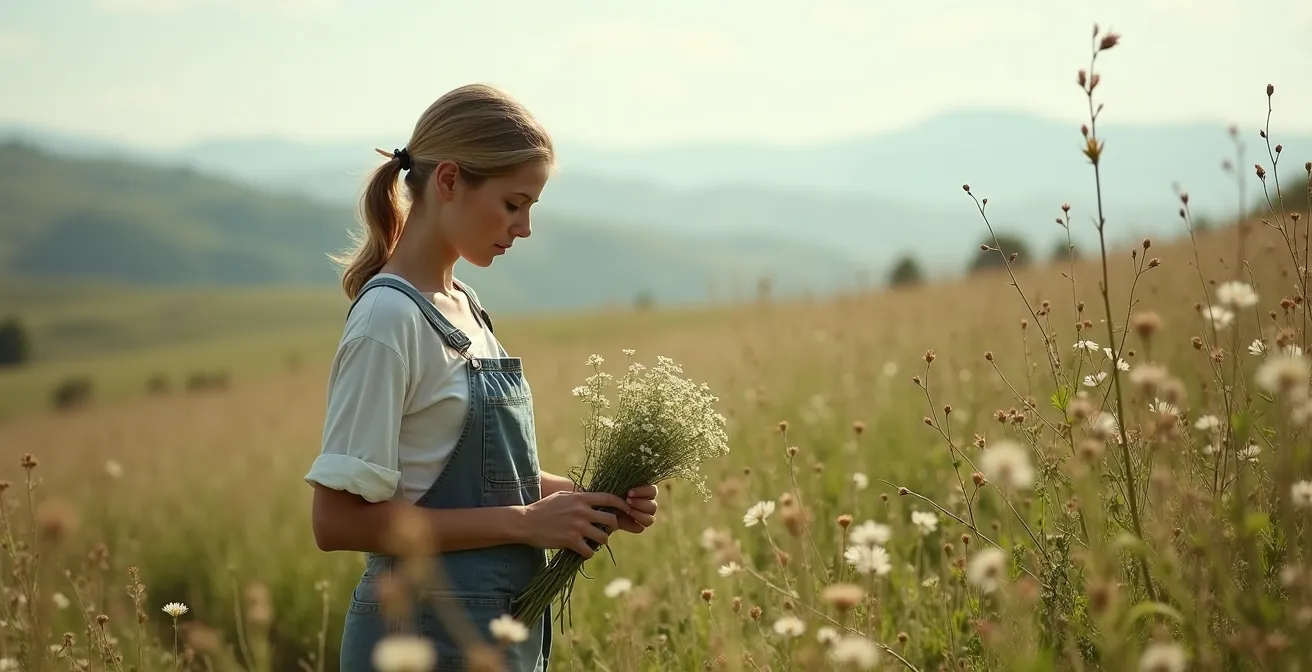 Photo environnementale d'une cueilleuse de plantes sauvages dans un paysage naturel préservé