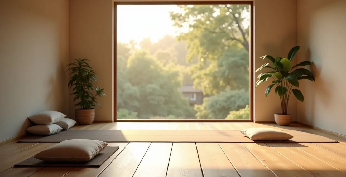 Espace de méditation épuré avec vue sur nature pour senior