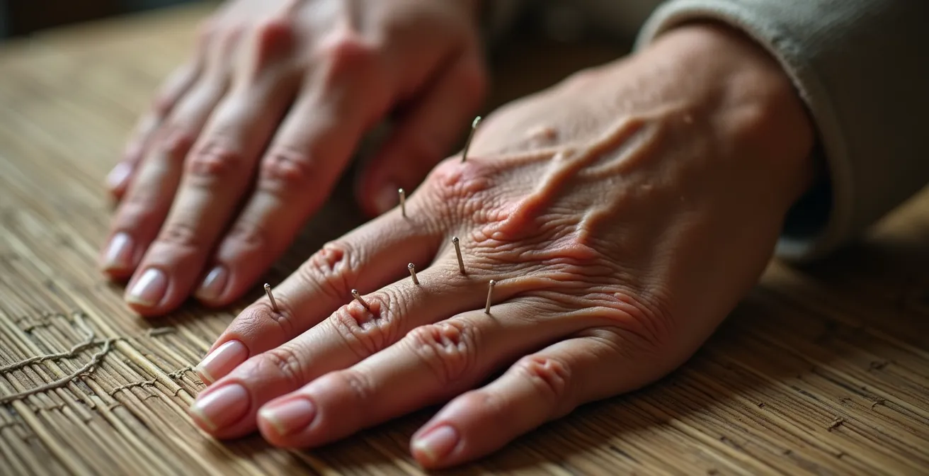 Gros plan sur des mains de senior pendant une séance d'acupuncture
